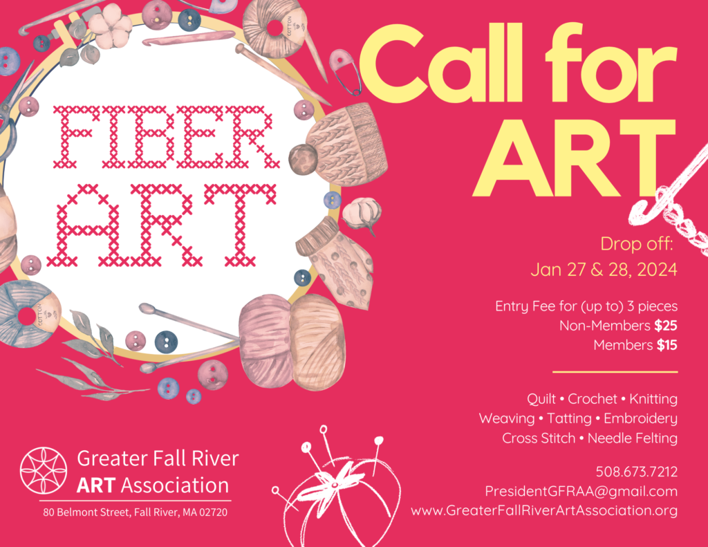 Flyer: Call for Fiber Art poster for gallery show. Dates and times for art drop off. Description of 
