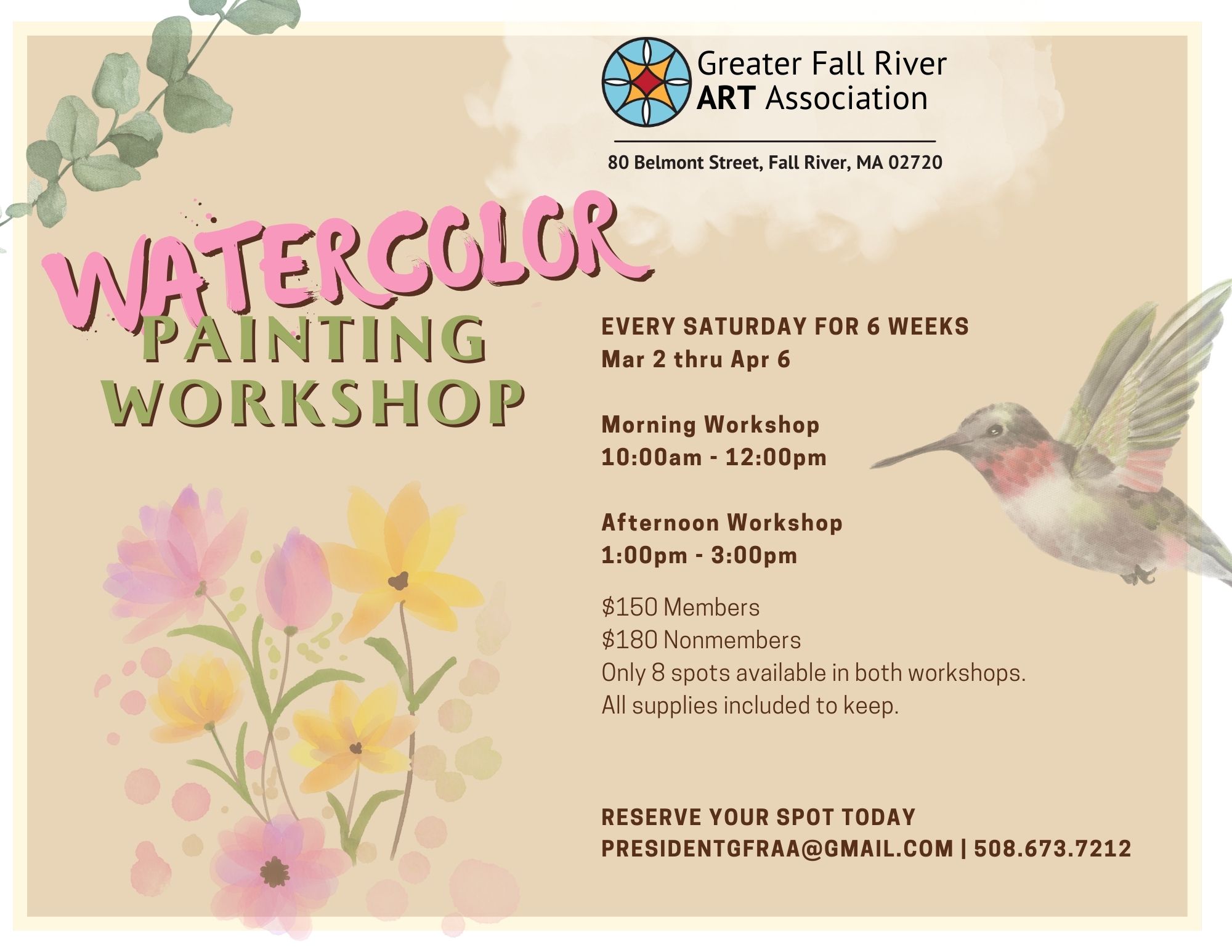 Watercolor Painting Workshops offered in March