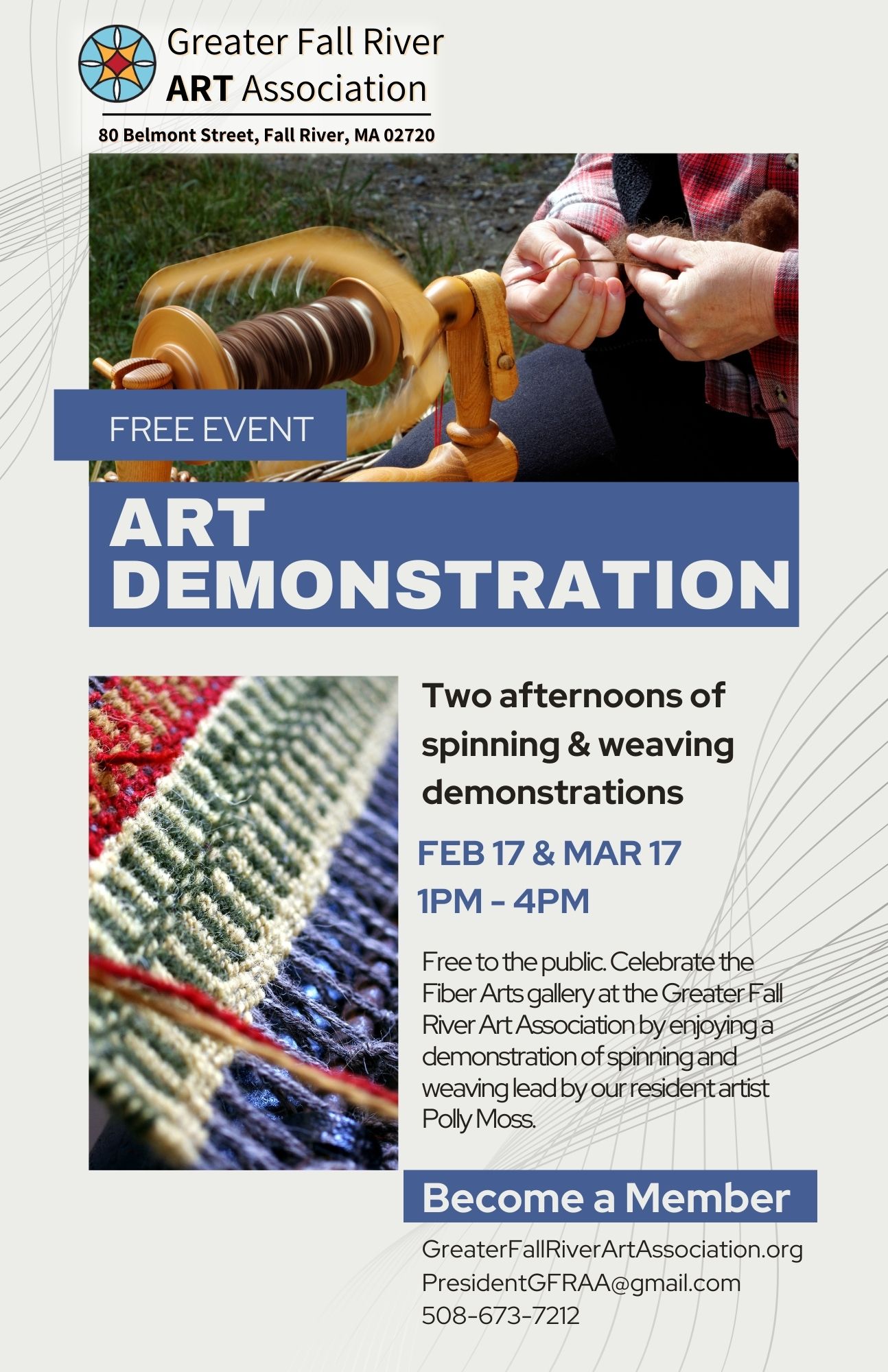Flyer promoting spinning & weaving demonstration at GFRAA for Feb 17 & Mar 17 at 1-4pm
